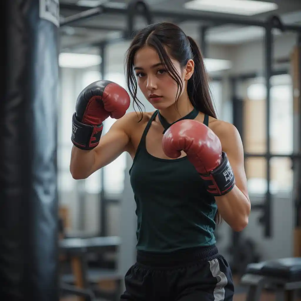 Giovane ragazza che si allena a boxe in una palestra al chiuso