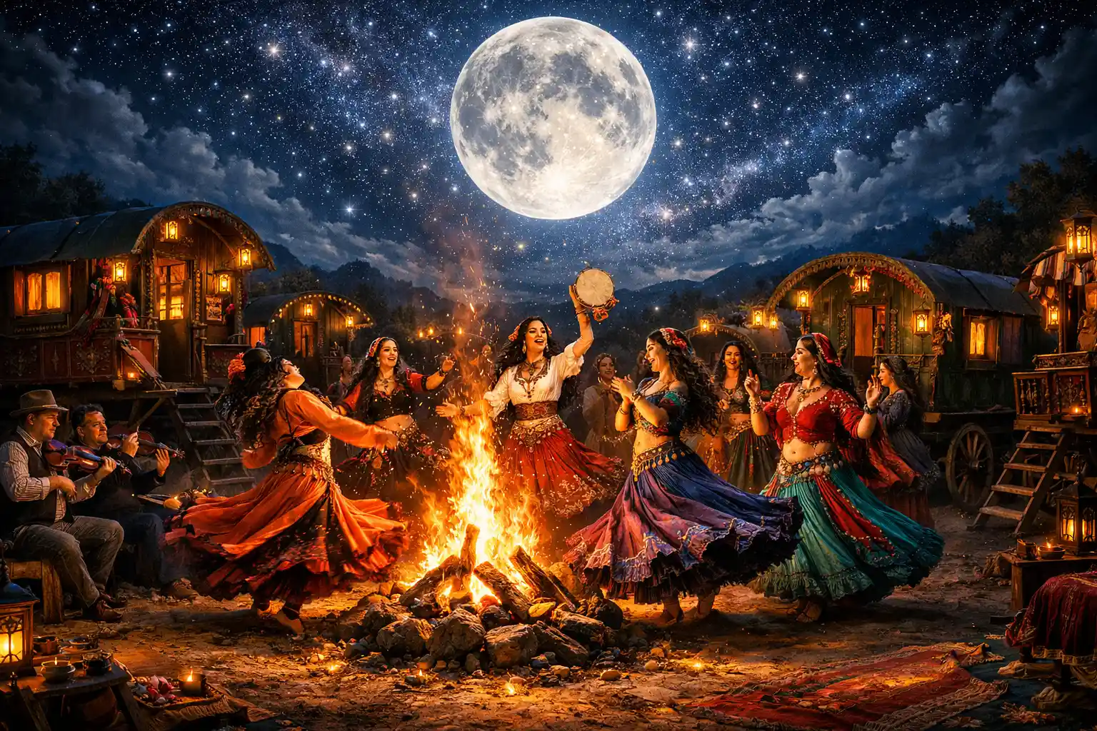 Roma women dancing around a moonlit bonfire circle