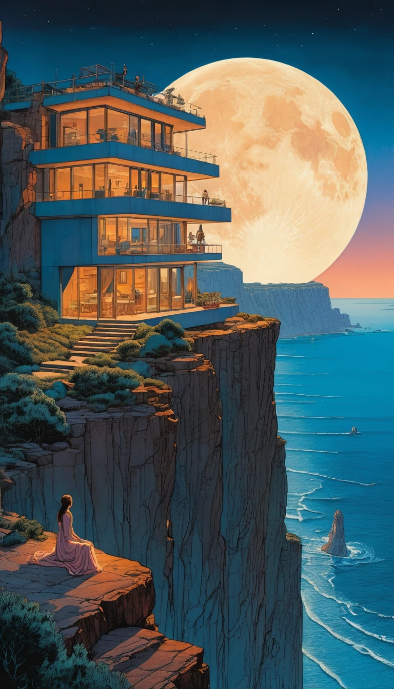Modern cliffside house with girl at glowing window