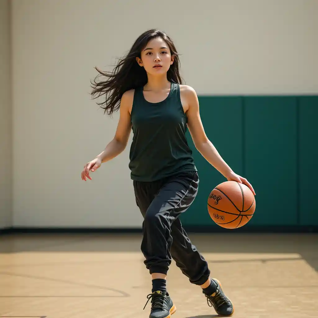 緑のトップスを着た若い女性が屋外でバスケットボールをする