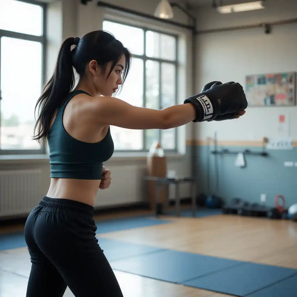 Jovem mulher boxeando na academia usando roupa de treino escura