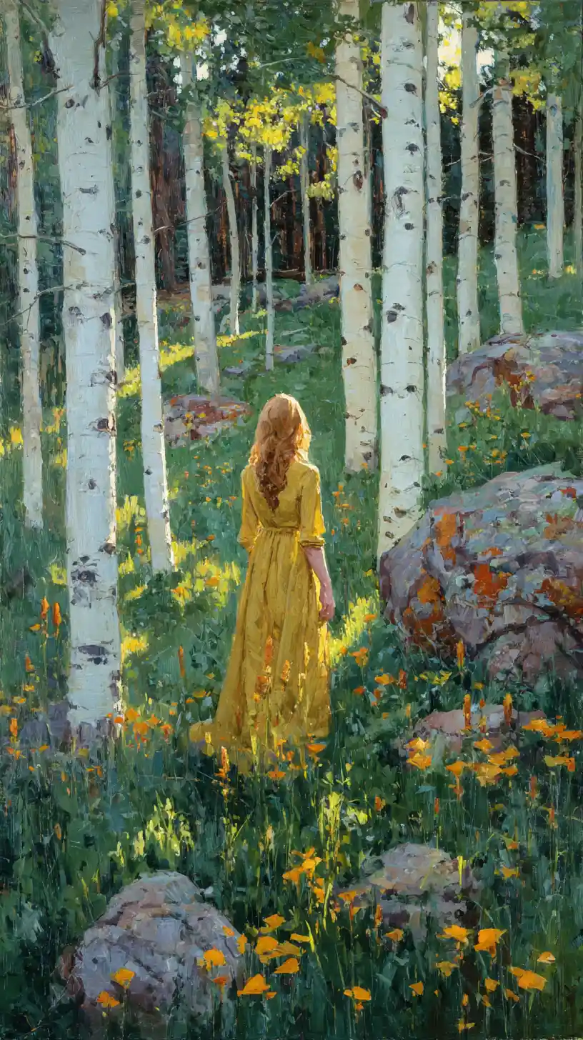 Woman in golden gown standing in a sunlit forest grove