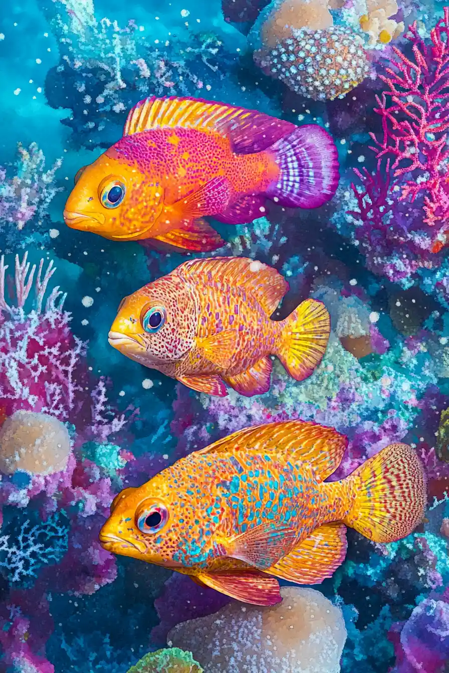 Subtropical underwater world with vibrant corals and turtles