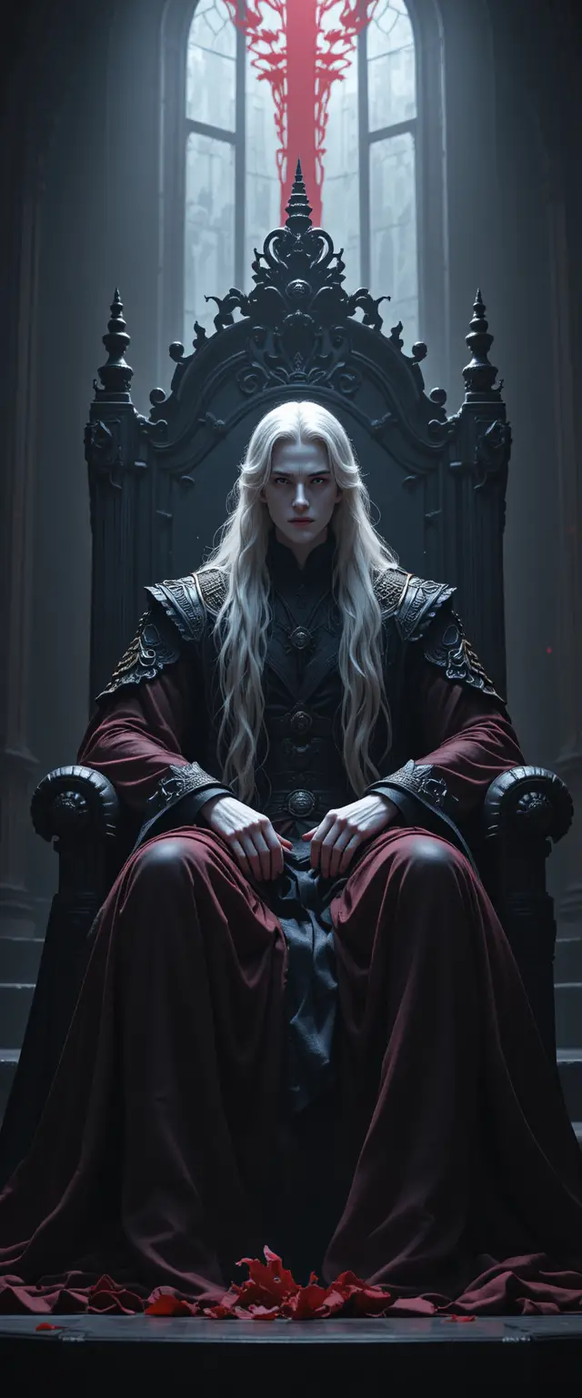 White haired anime ruler seated on a dark throne