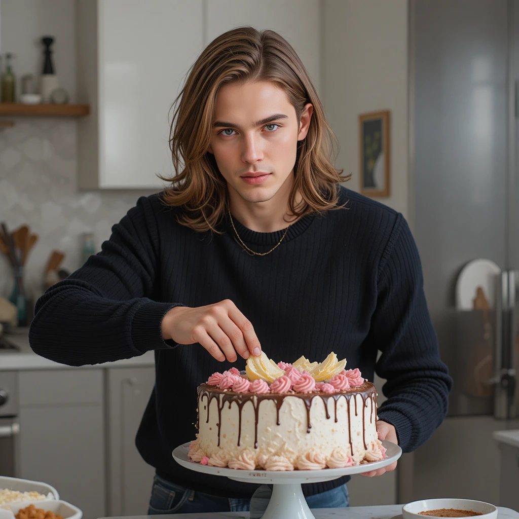 Young man decorating a cake in a modern kitchen