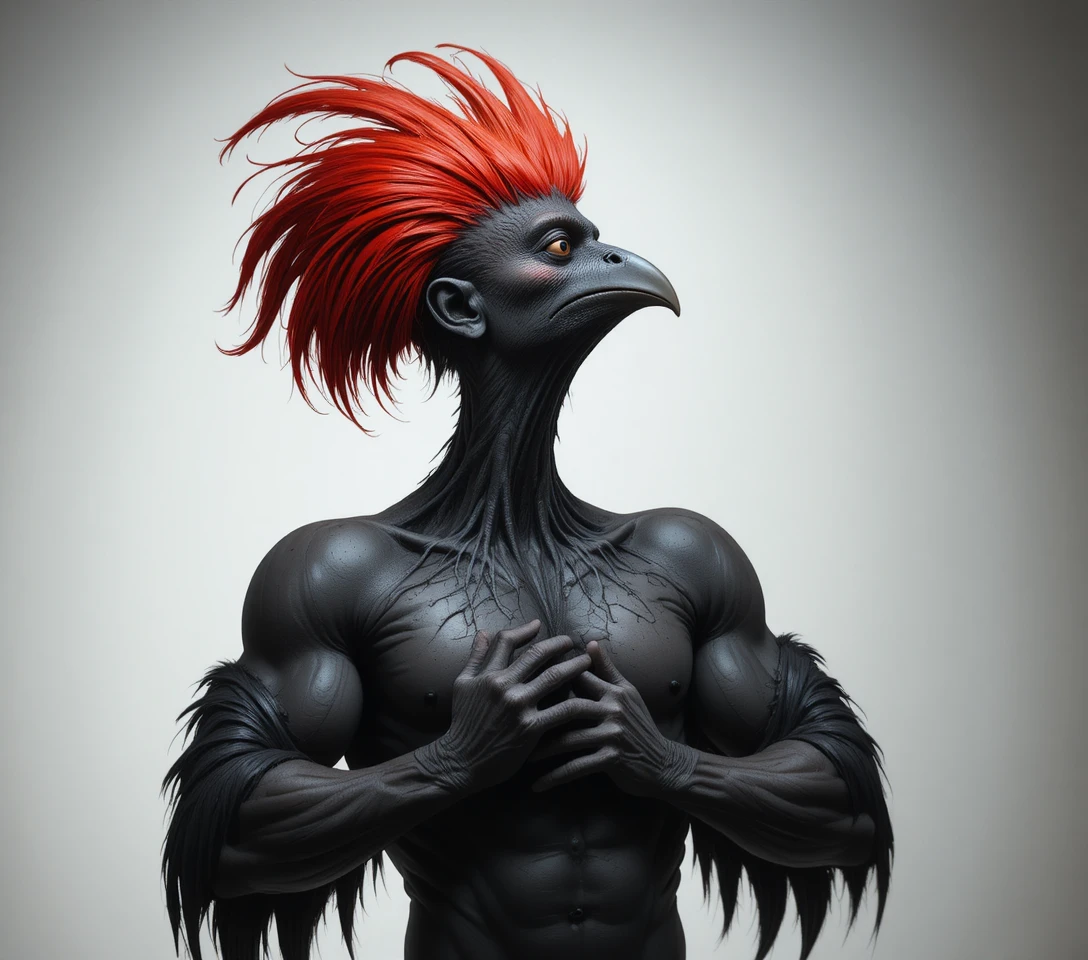Surreal bird hybrid towering over crouching muscular man