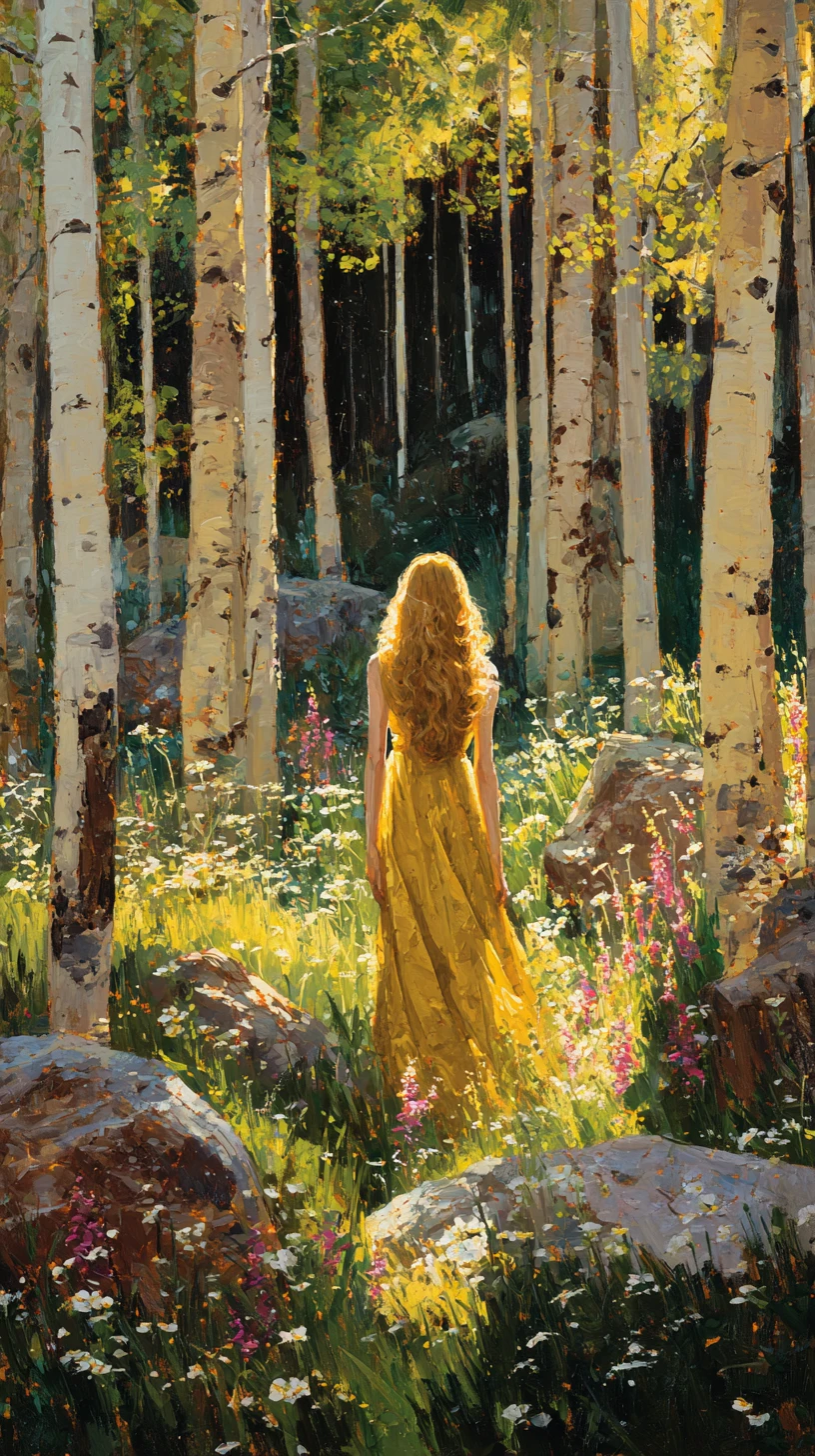Frau im goldenen Kleid in einem sonnenbeschienenen Waldhain