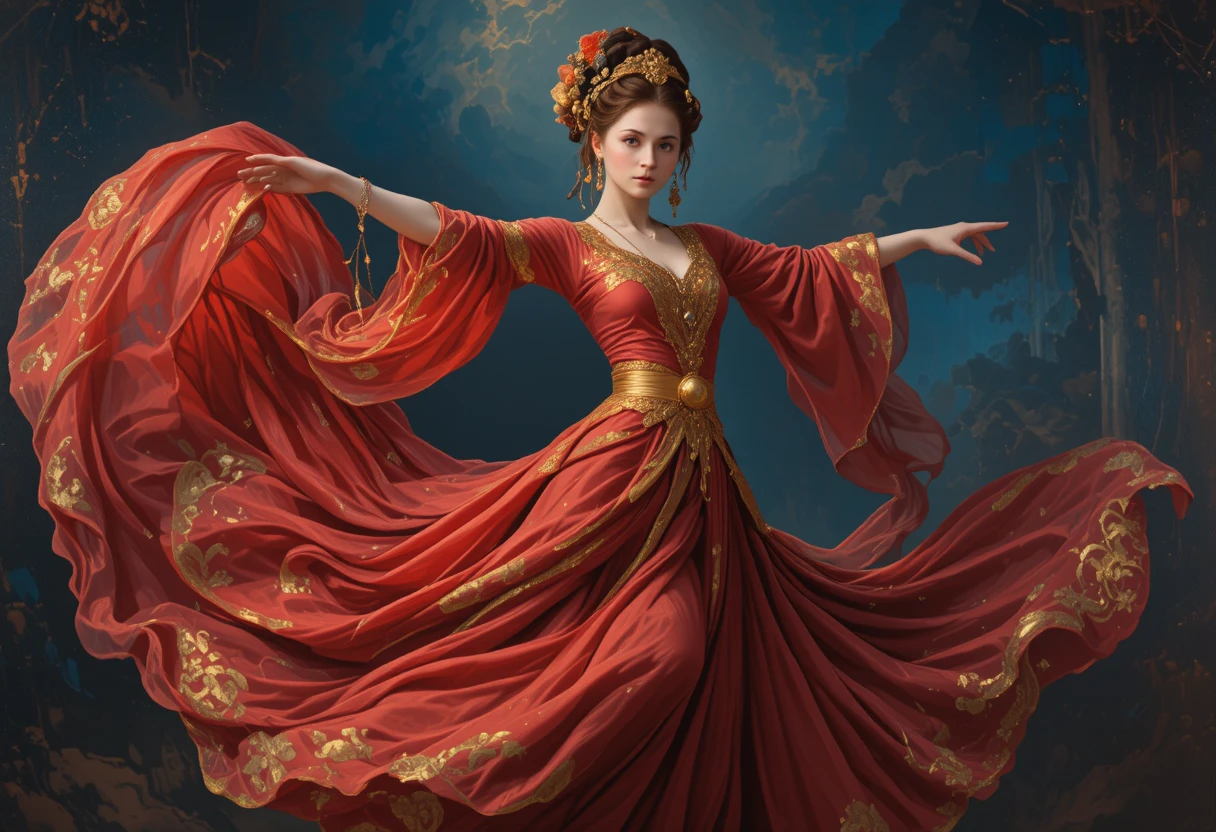 Elegant dancer in classical oil painting arabesque pose