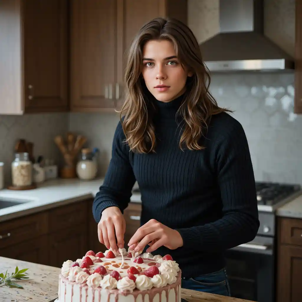 Young man decorating a cake in a modern kitchen