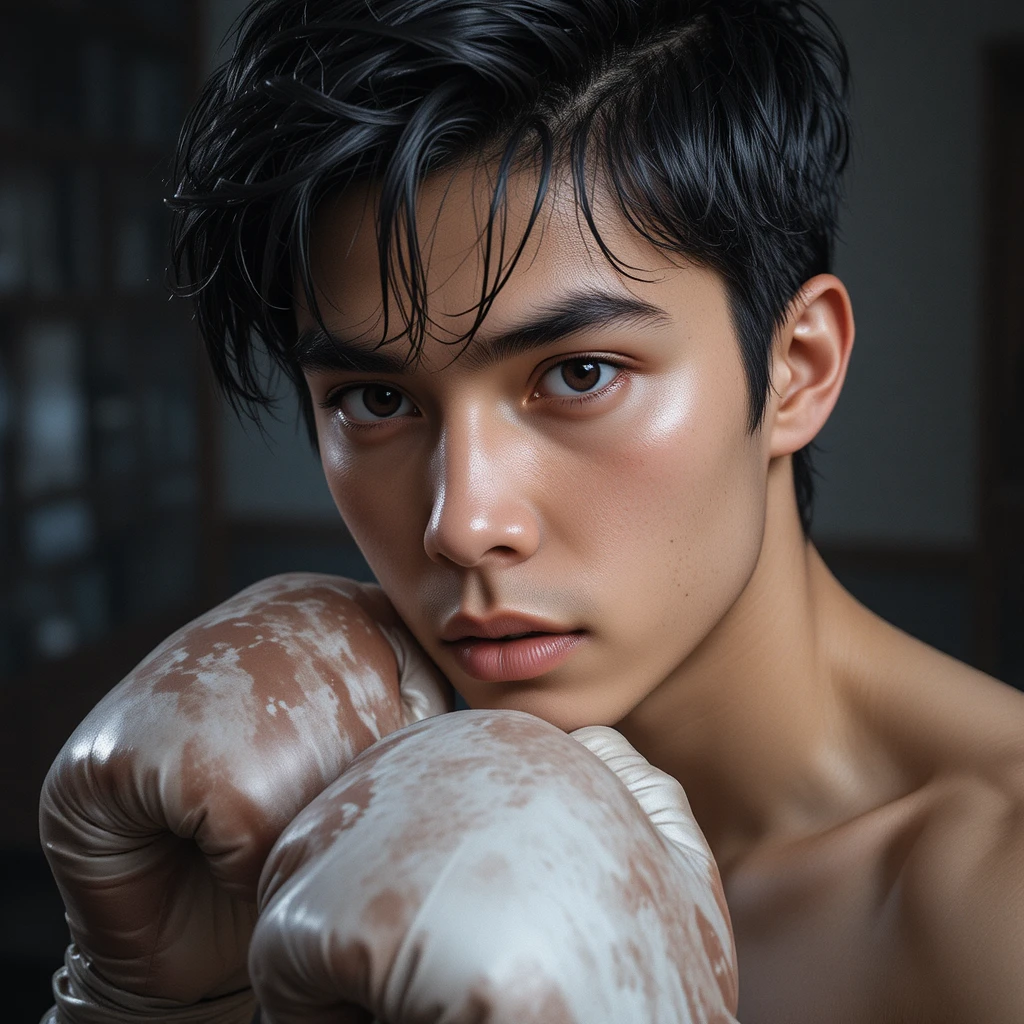 Young man with dark hair boxing in a dynamic pose