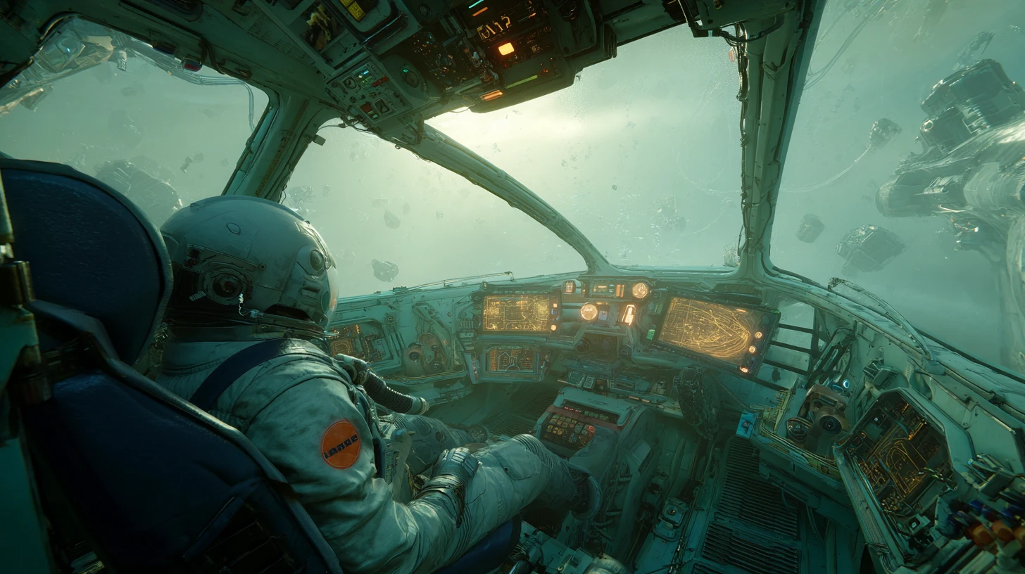 Astronaut mourning alone in a spaceship cockpit