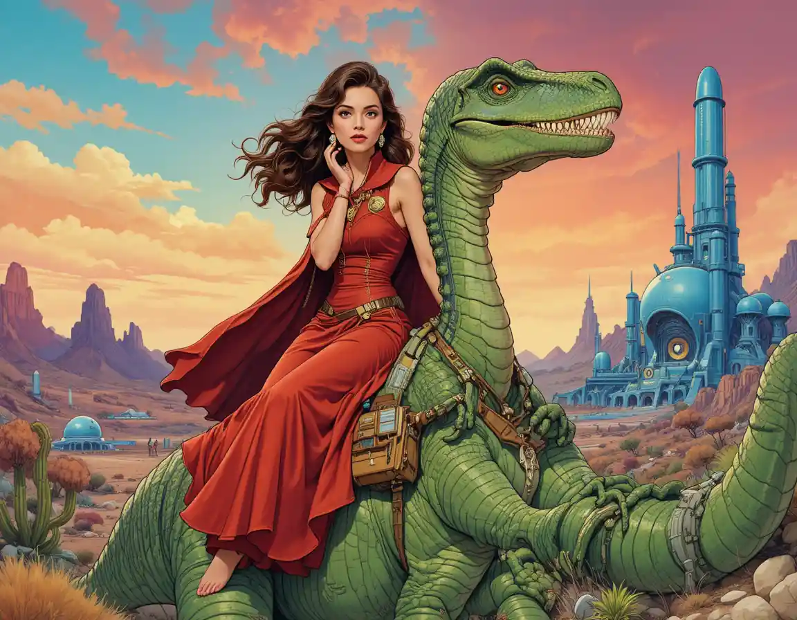 Donna caucasica che cavalca un dinosauro verde in un mondo alieno