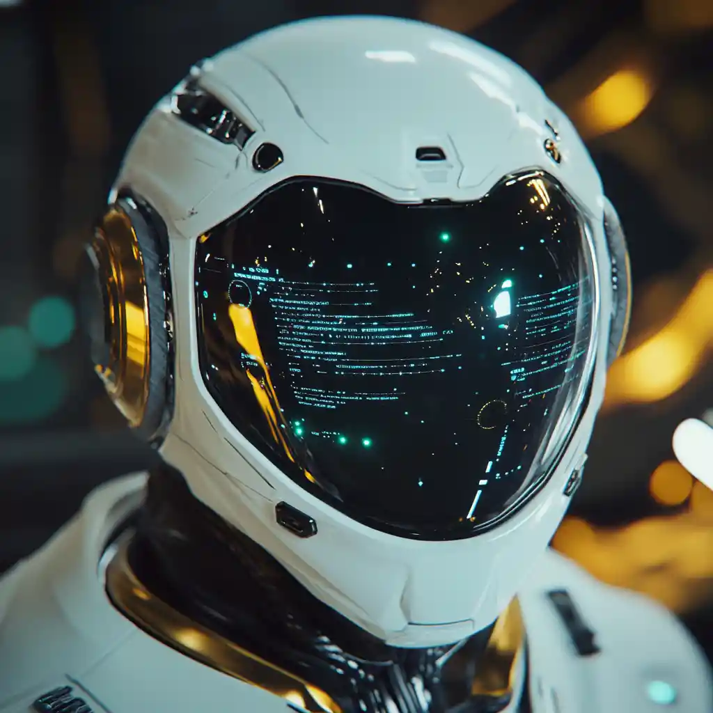 Close-up extremo de capacete de piloto futurista e HUD holográfico