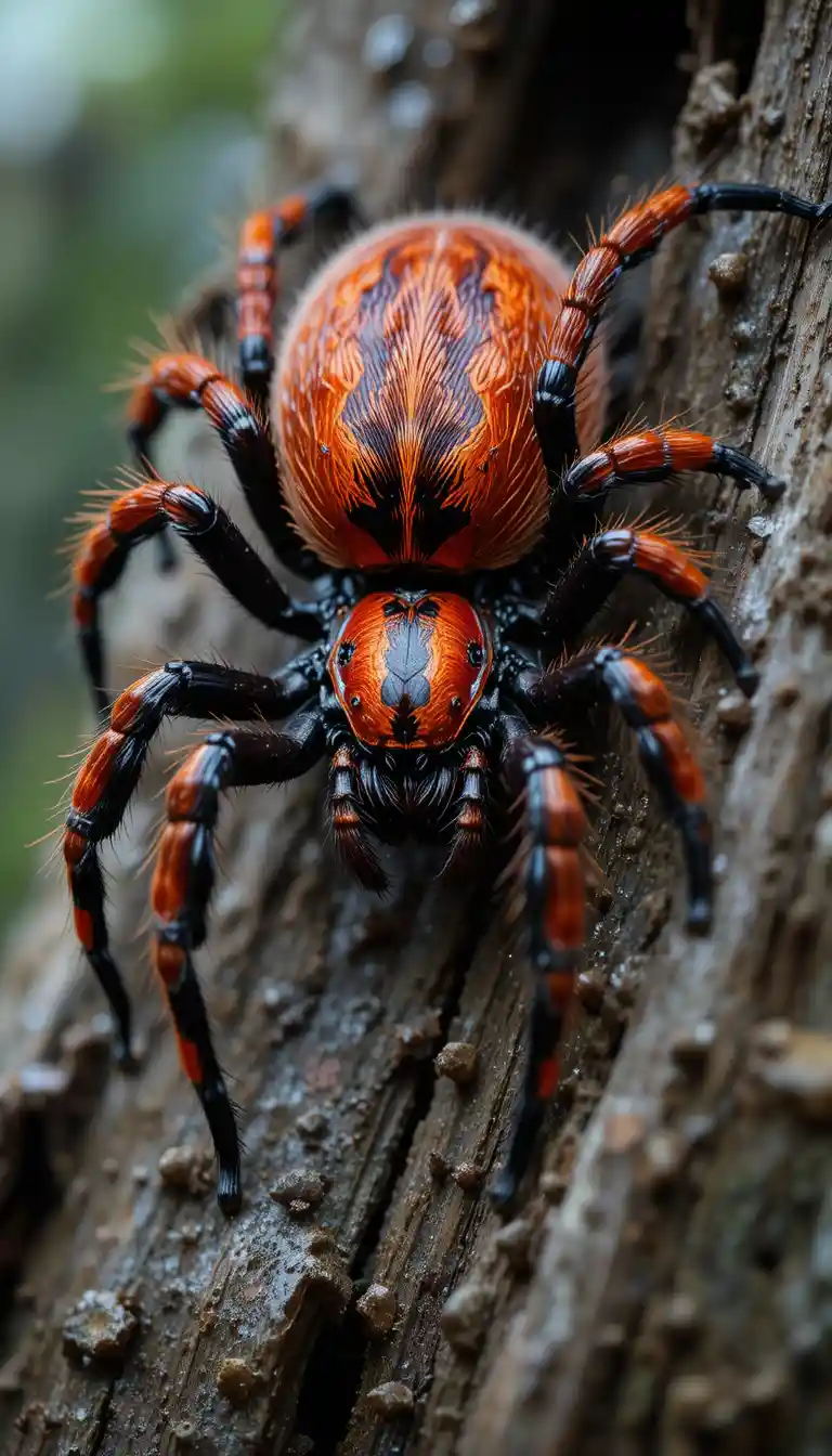 Ragno rosso metallico su ramo bagnato di quercia