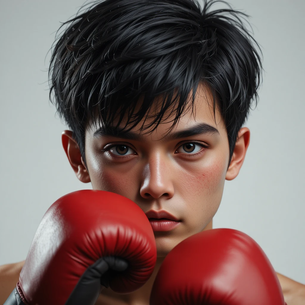 Young man with dark hair practicing boxing training