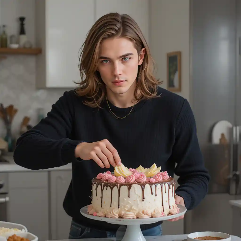 Young man decorating a cake in a modern kitchen