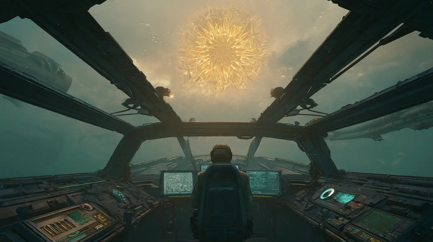 Pilot mourning alone in a spaceship cockpit above a dying star