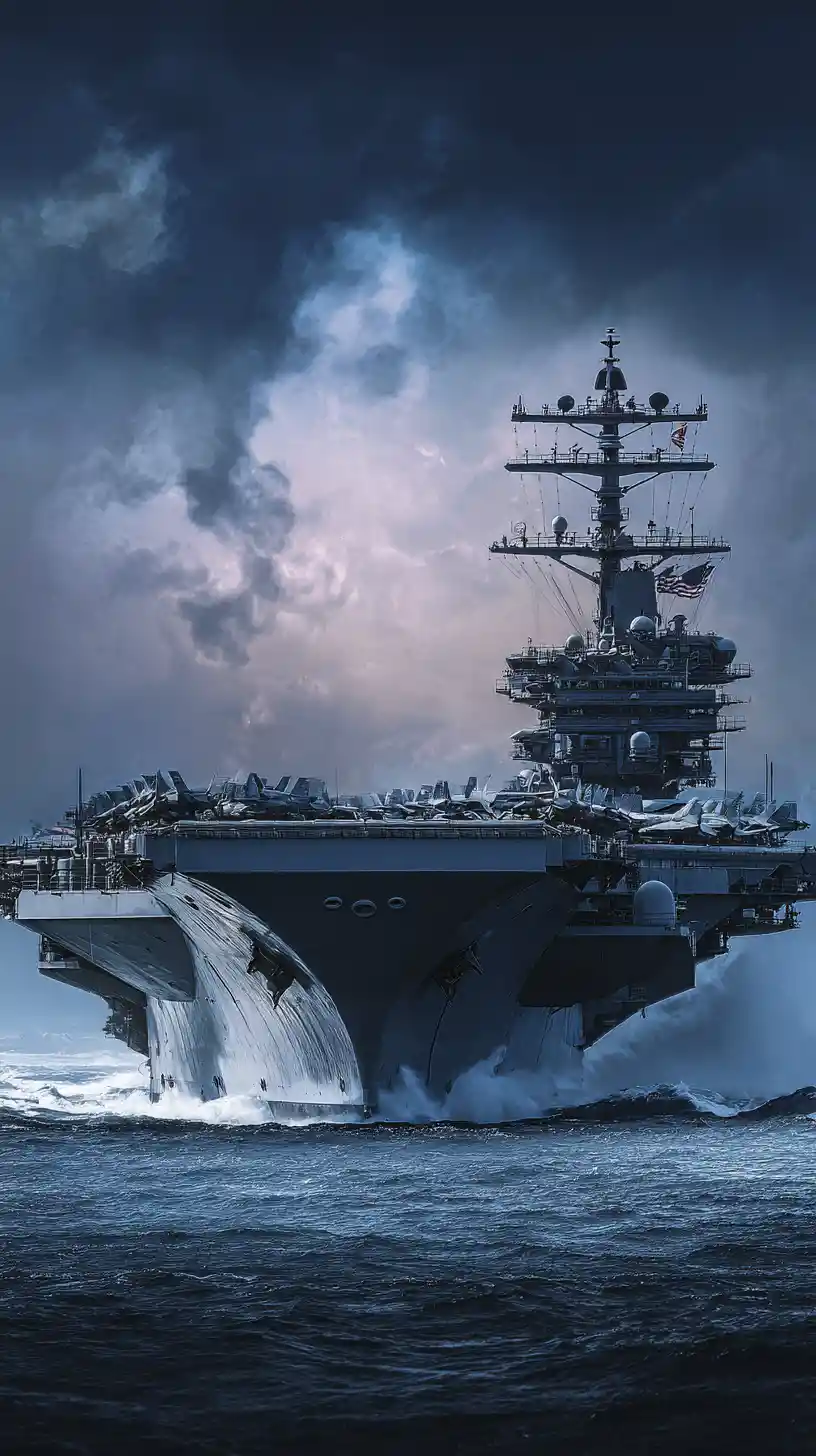 Portaerei statunitense in mare sotto la bandiera americana