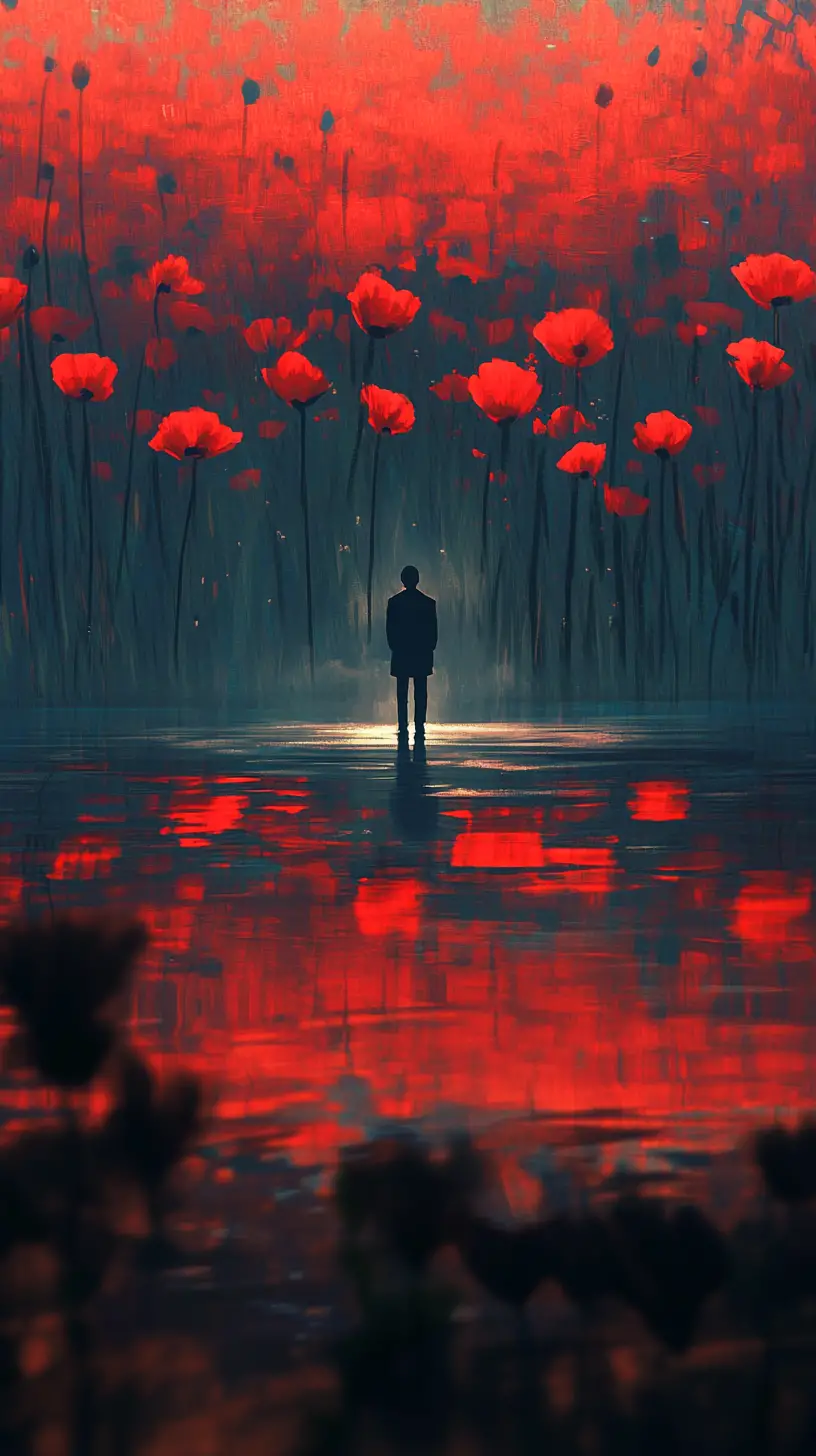 Lonely figure by water among towering red poppies