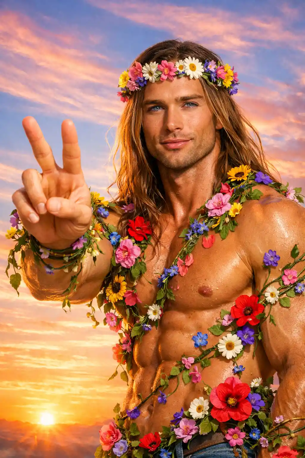 Flower covered hippy man making a dreamy peace sign