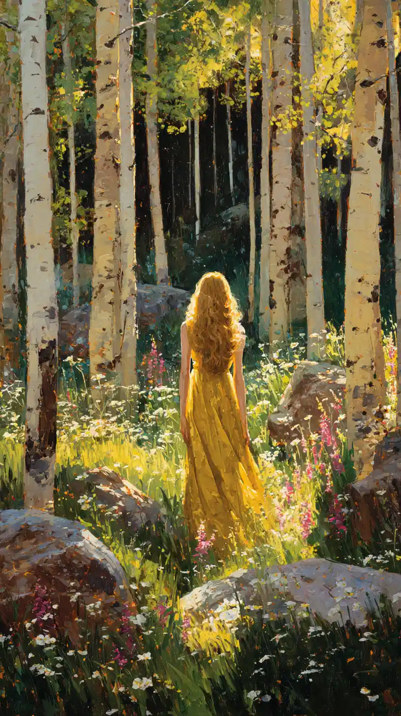Woman in golden gown standing in a sunlit forest grove