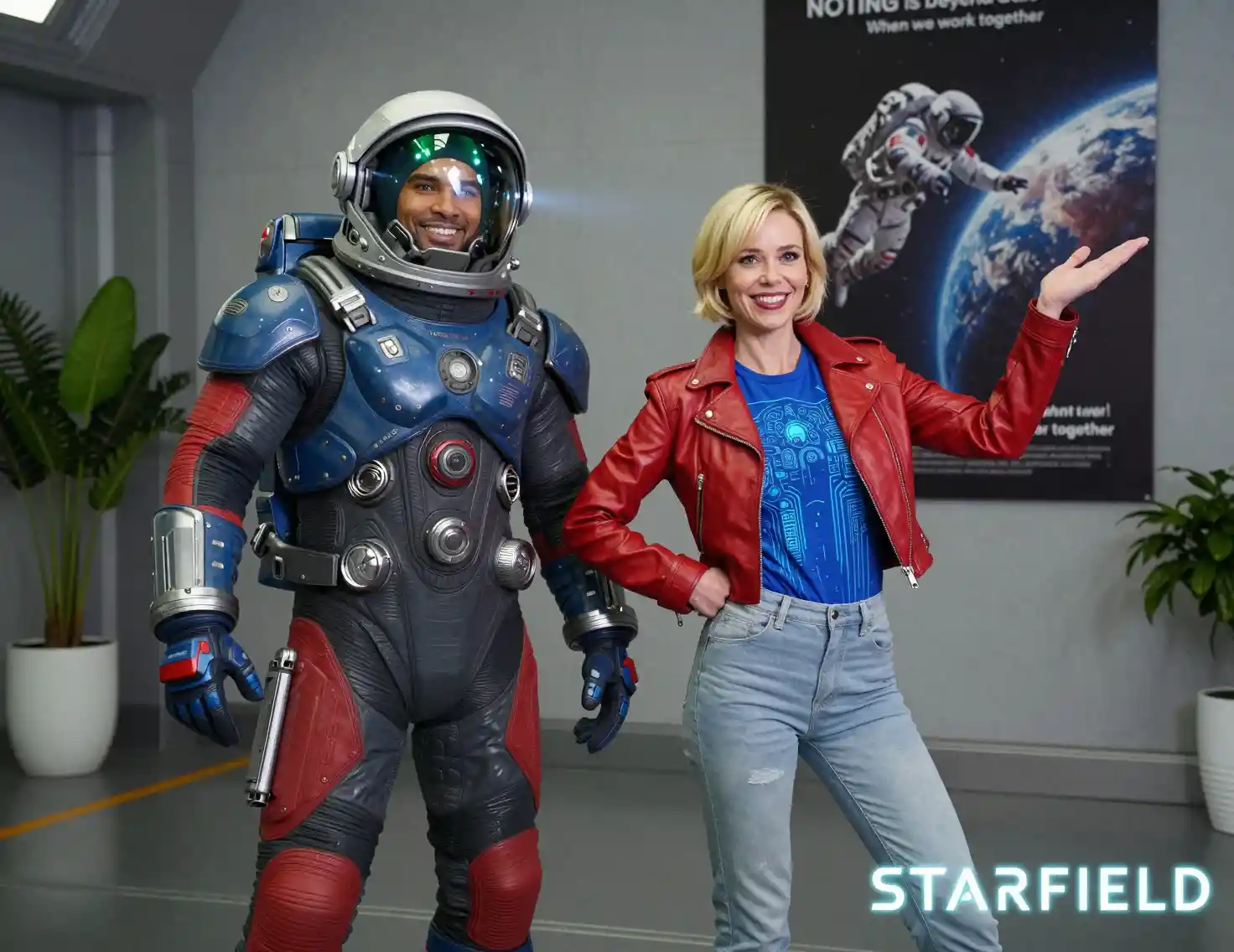 Smiling astronaut and woman posing in futuristic interior