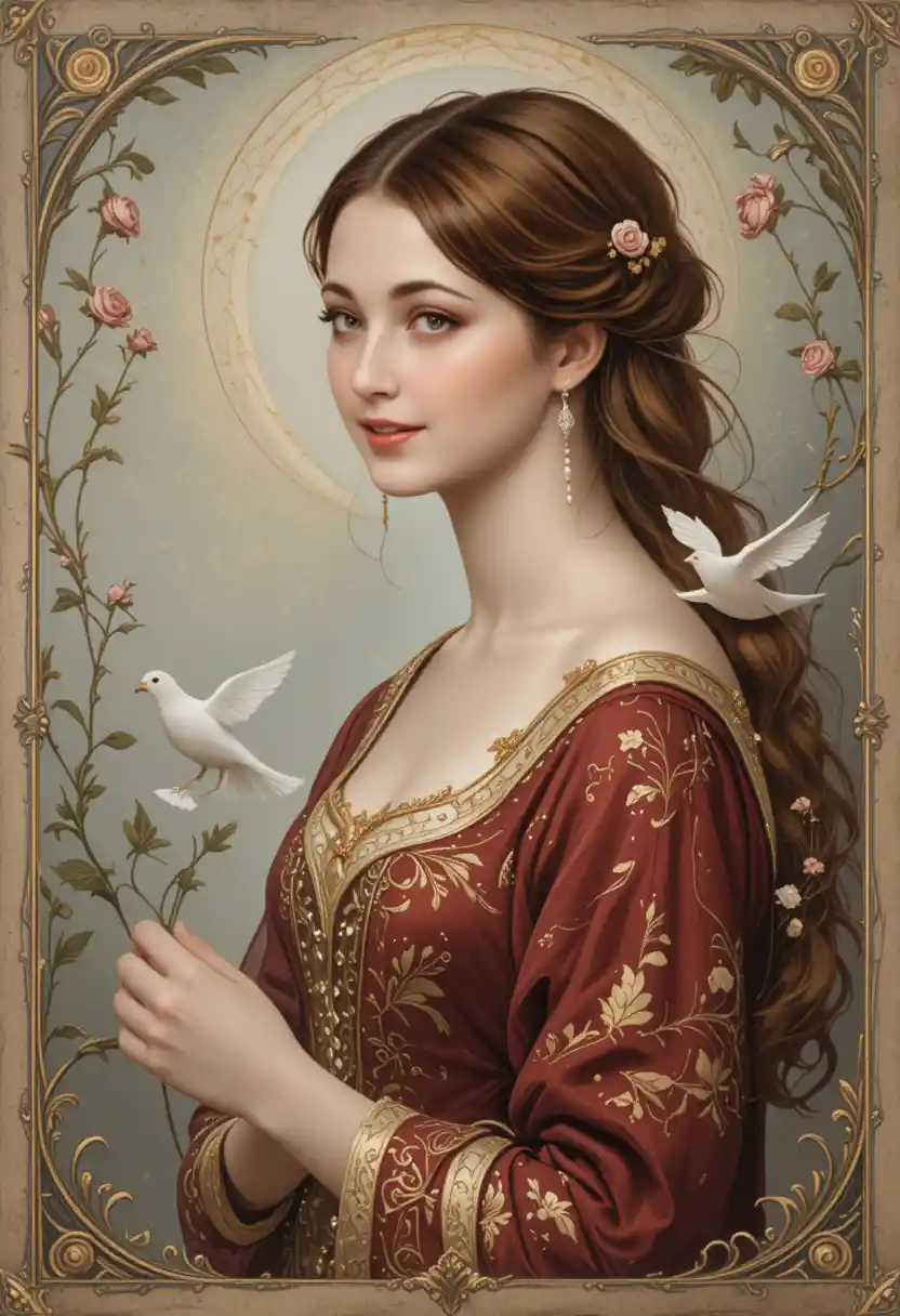 Retrato pré-rafaelita de uma jovem com rosas