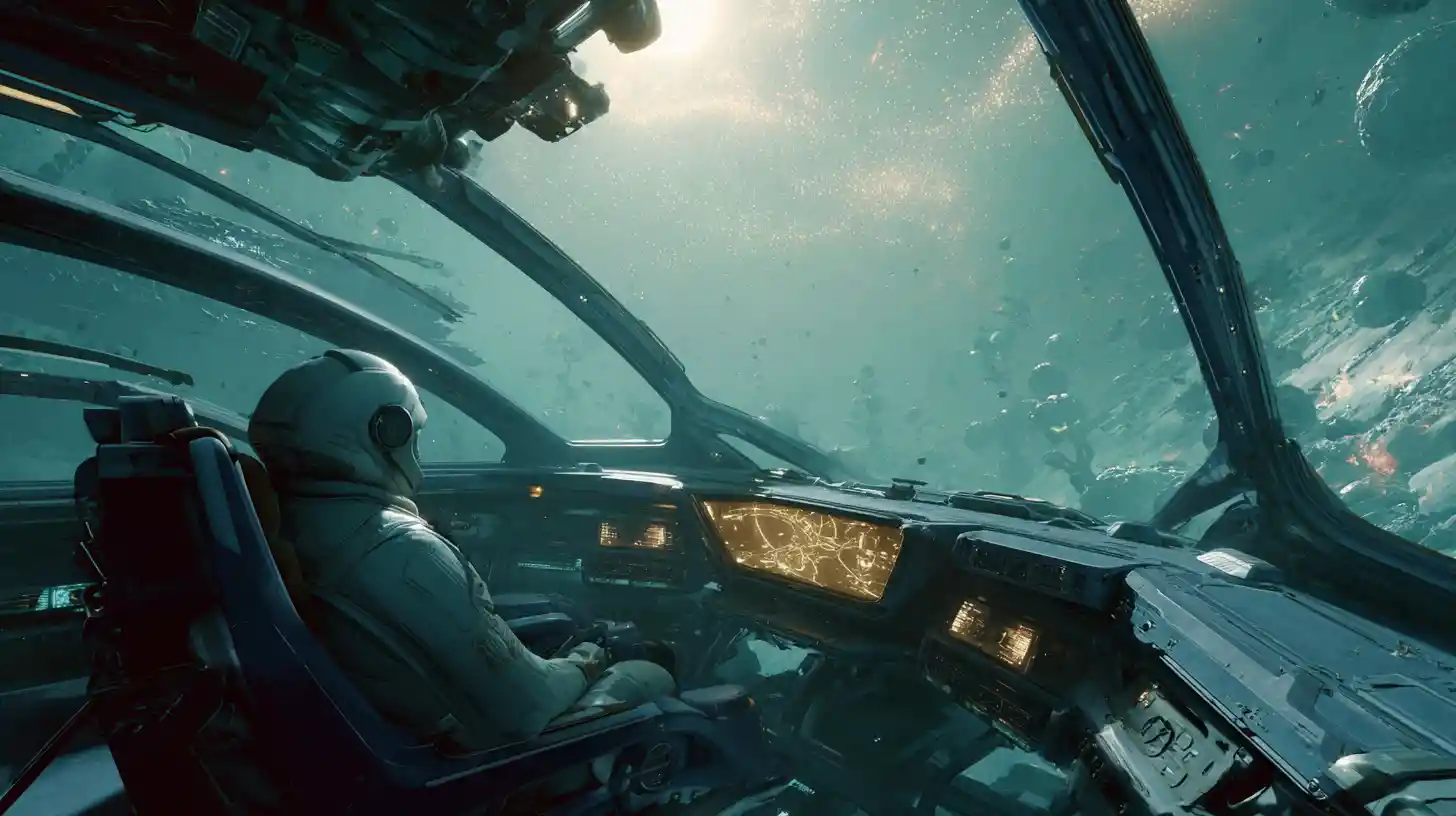 Pilote en deuil, seul dans le cockpit d’un vaisseau spatial au‑dessus d’une étoile mourante