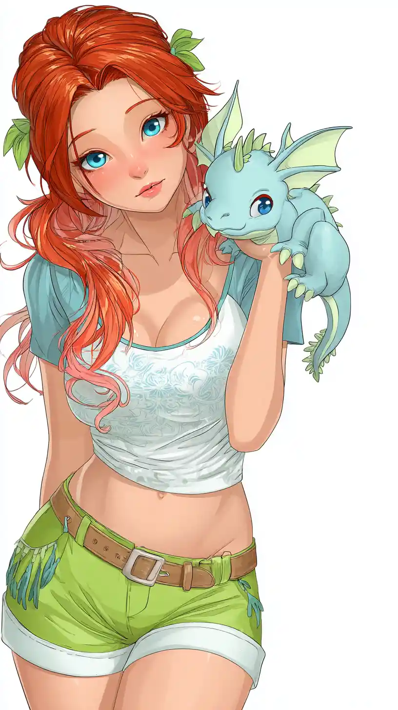 Anime fairy girl posing with her tiny dragon companion