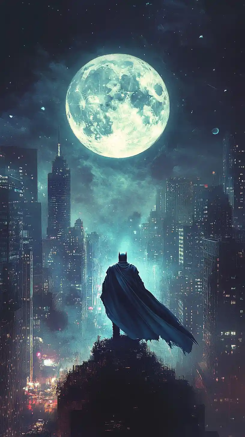 Lone caped hero poised above a moonlit city