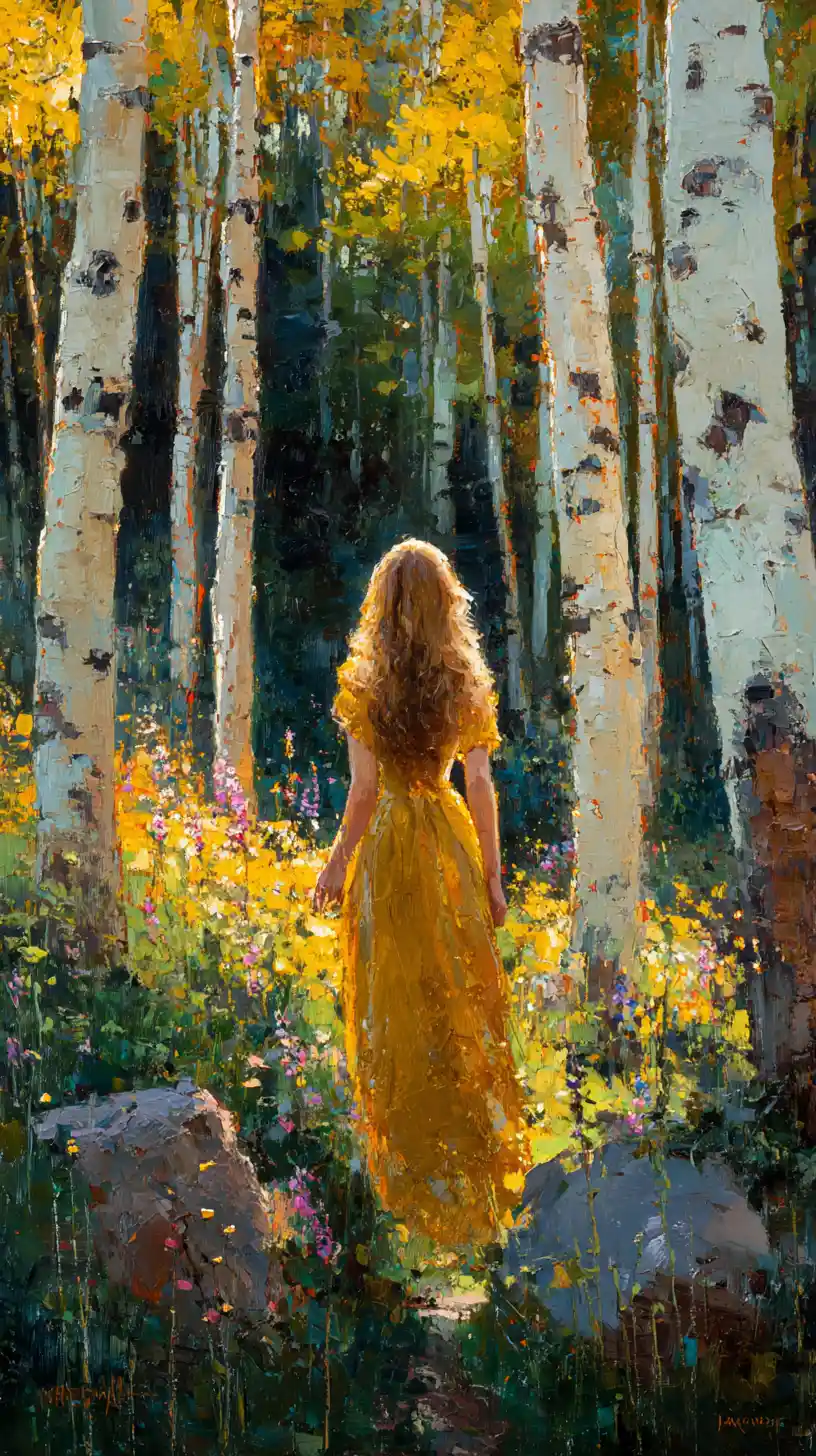 Frau mit goldenem Haar im gelben Kleid im sonnendurchfluteten Wald