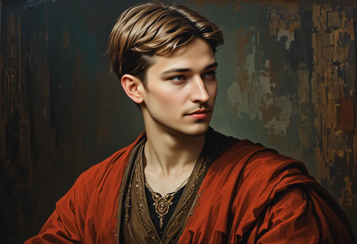 Renaissance style oil portrait with dramatic Rembrandt lighting