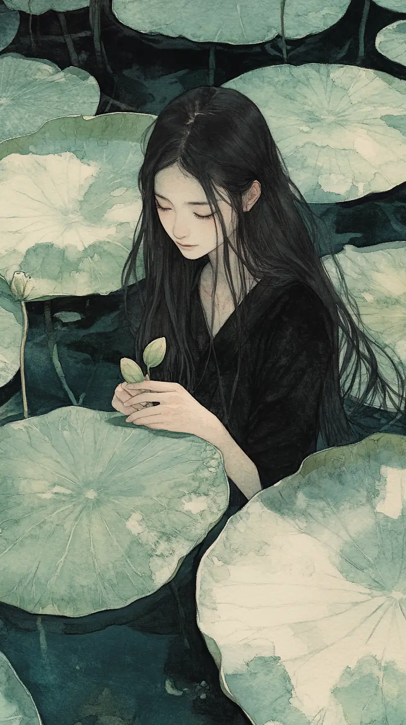 Young woman in a tranquil lily pond watercolor scene