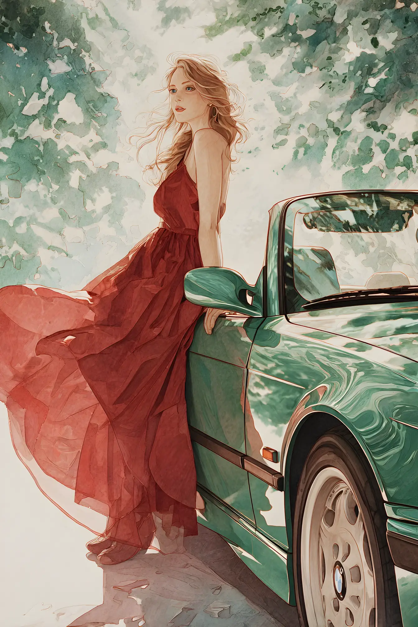 Donna elegante in abito rosso accanto a cabrio verde