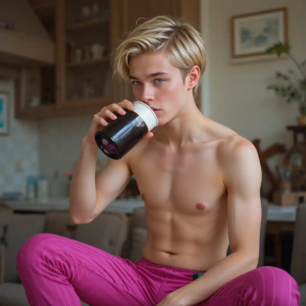Young man in striped pants drinking from coffee maker