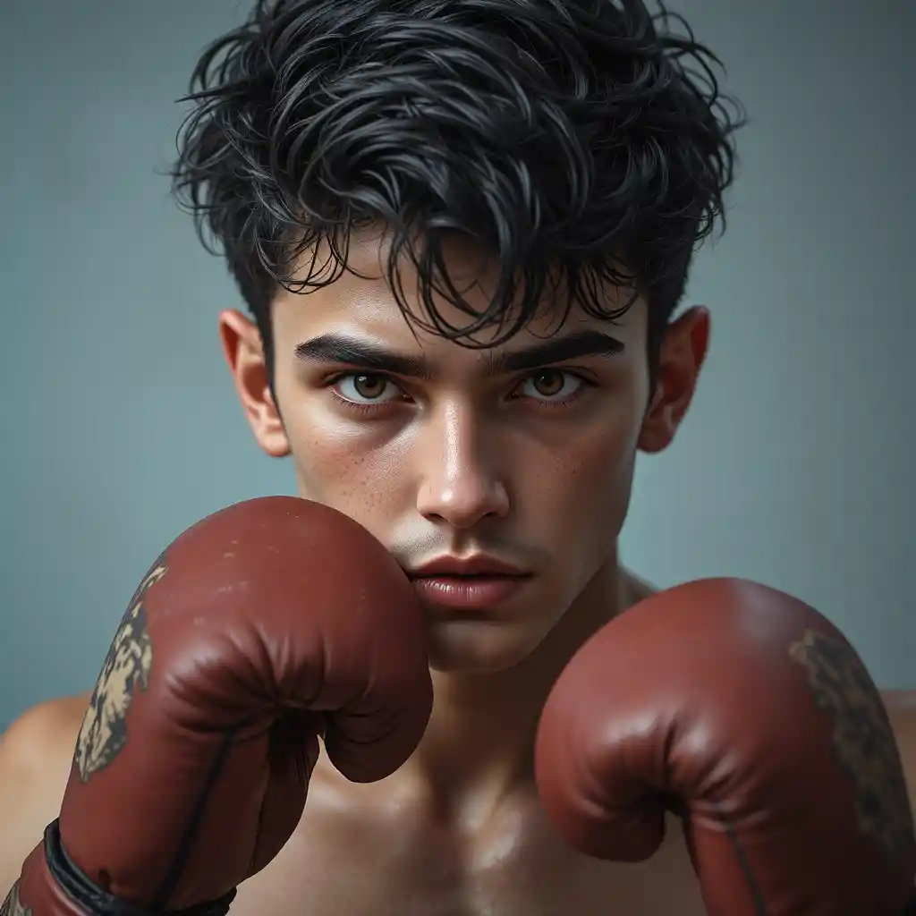 Young man boxing with focused stance and determined gaze