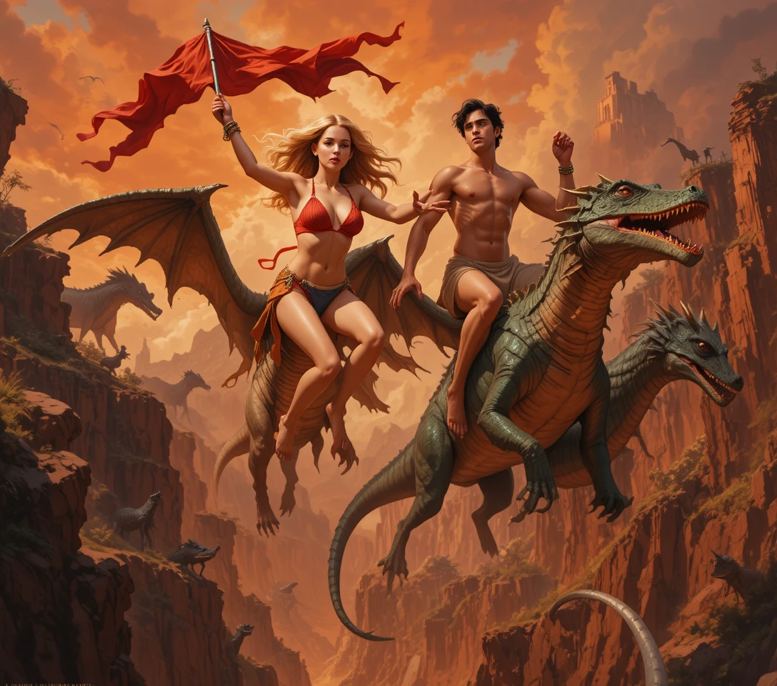 Heroic couple leaping across a fiery fantasy chasm