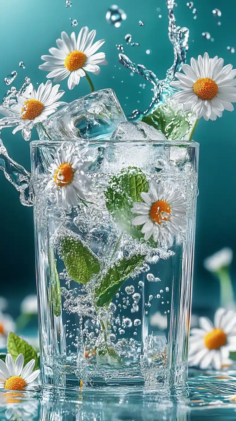 Bicchiere di acqua fredda con fiori di camomilla e foglie di menta