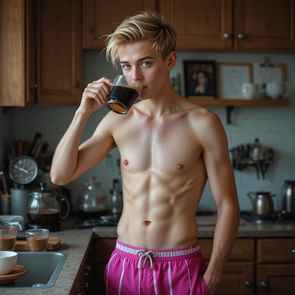 Young man drinking coffee in striped pants