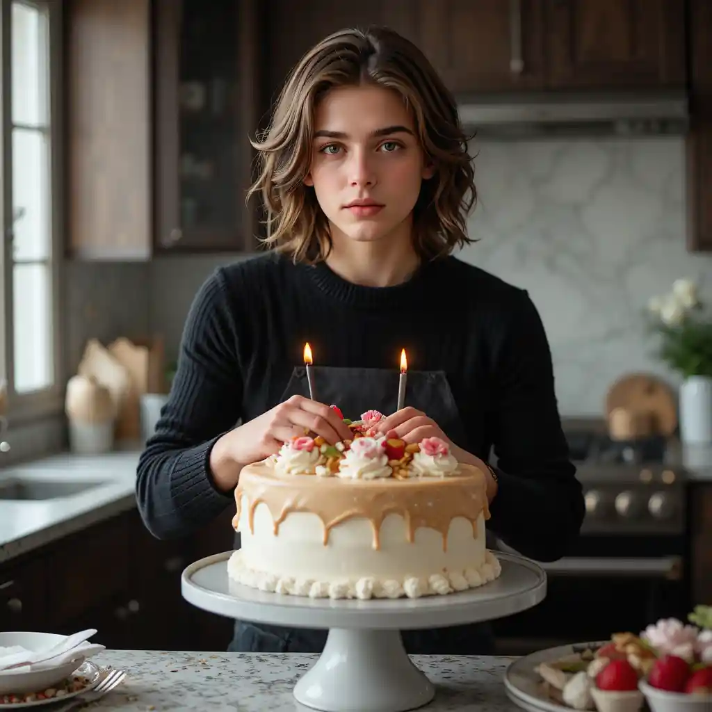 Joven decorando un pastel en una cocina moderna