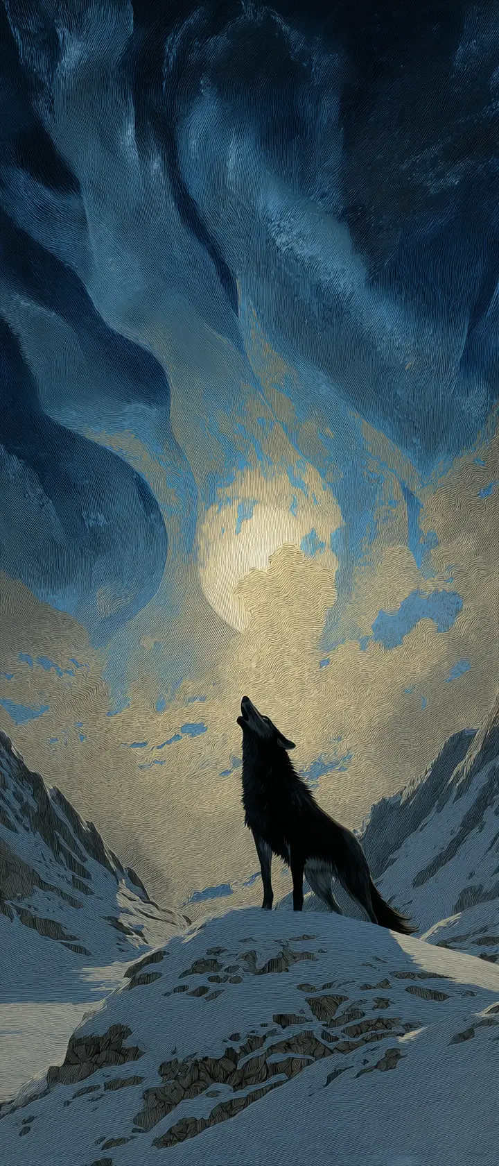 Lone wolf howling beneath a full moon over mountains