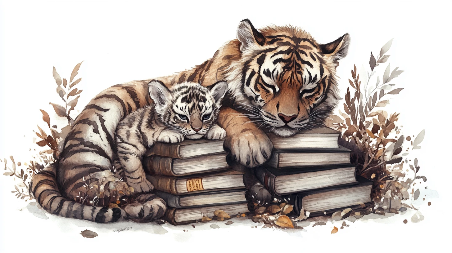Tigre en acuarela de ensueño con su cachorro junto a libros apilados