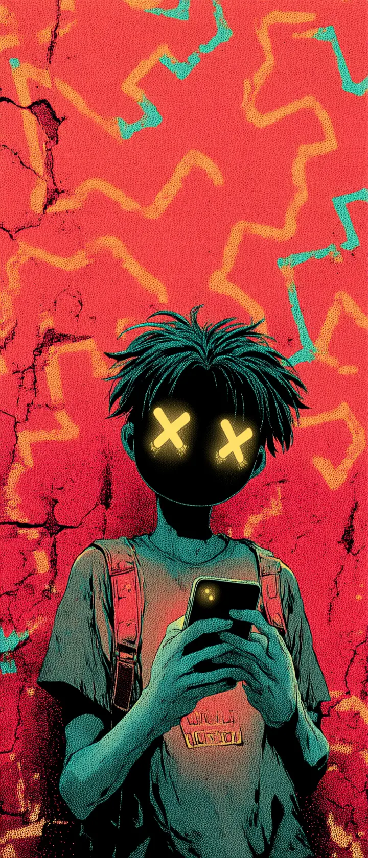 Anime boy with cracked mirror and abstract squiggle wall