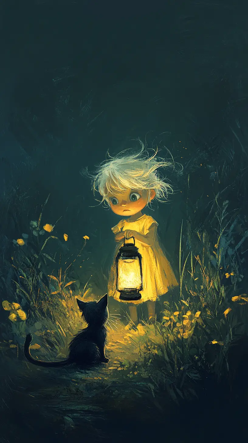 Child With Lantern And Kitten In Dark Overgrown Field
