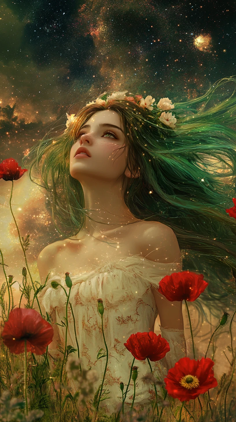 Fantasy girl with flowing green hair under a cosmic sky