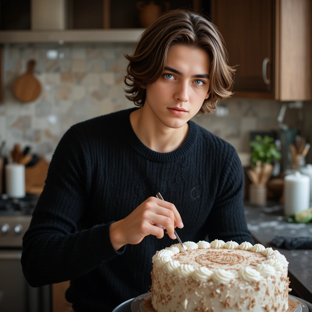 Joven decorando un pastel en una cocina moderna