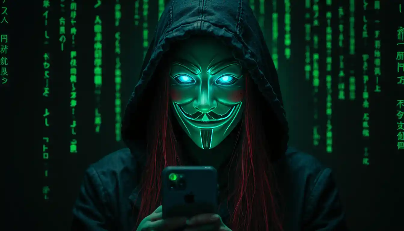 Hacker incappucciato con occhi blu luminosi e maschera digitale