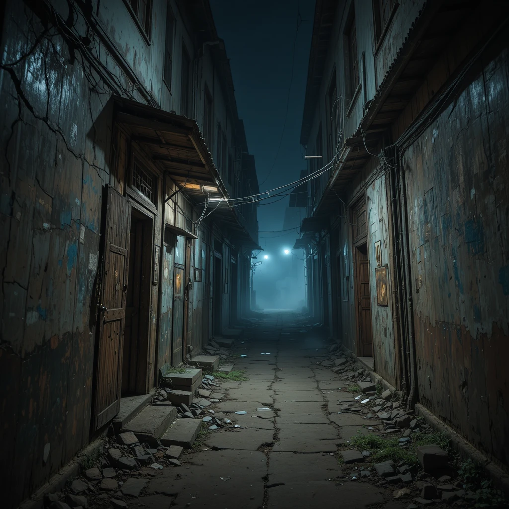 Deserted Indian City Alley At Night With Fog And Shadows