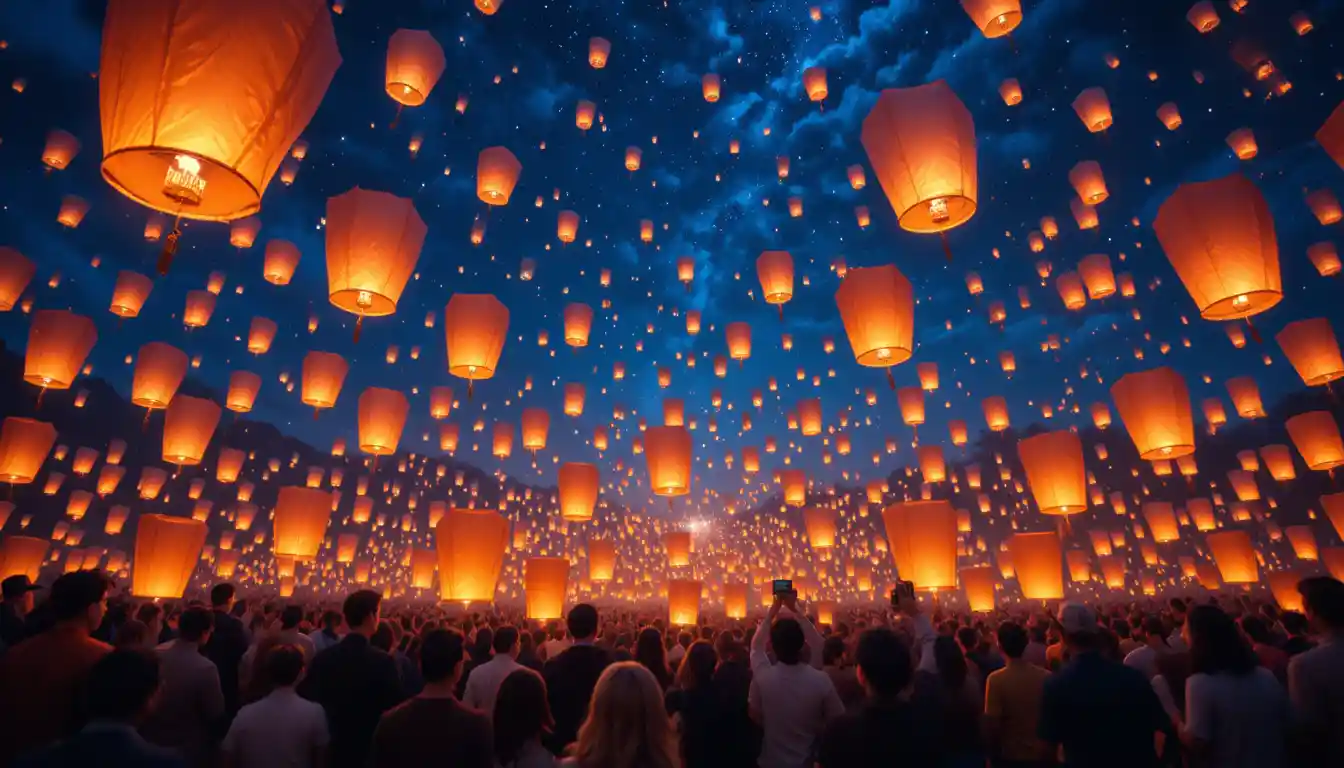 Skyline Filled With Floating Lanterns Against Indigo Night