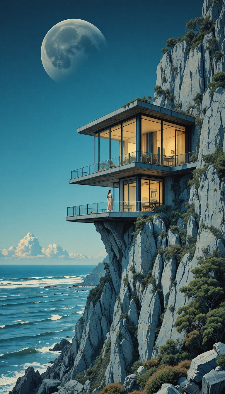 Modern cliffside house with girl at moonlit window